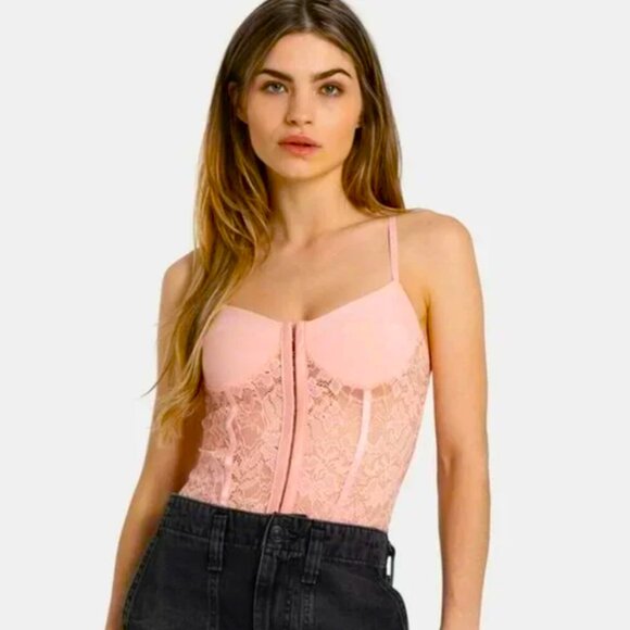 Free People Night Rhythm Lace Corset Bodysuit Pink Shell S NWT - Picture 1 of 4